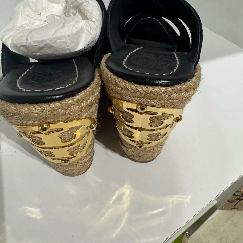 Tory Burch Black and Tan Espadrille Wedges